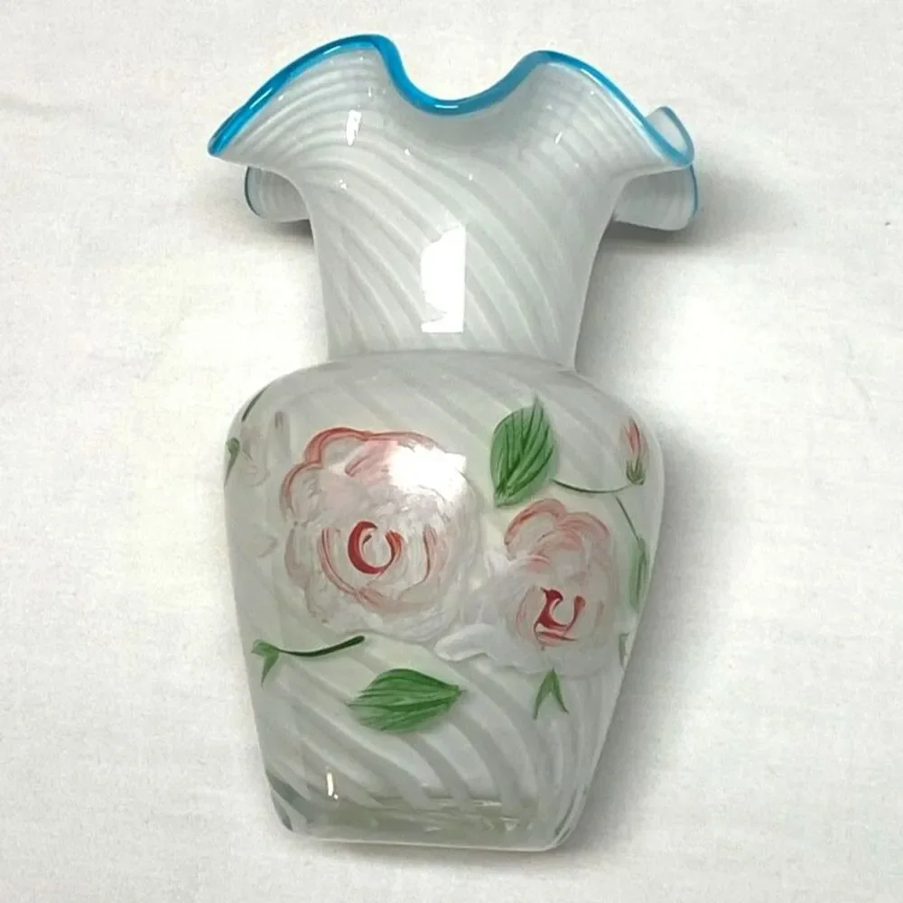 Fenton Teleflora Aqua Crest Hand Painted Cased Glass Swirl Ruffled Small Vase